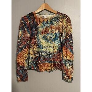 Vintage Cache Top Womens Small Colorful Abstract Velvet Lace Trim Artsy Boho Y2K